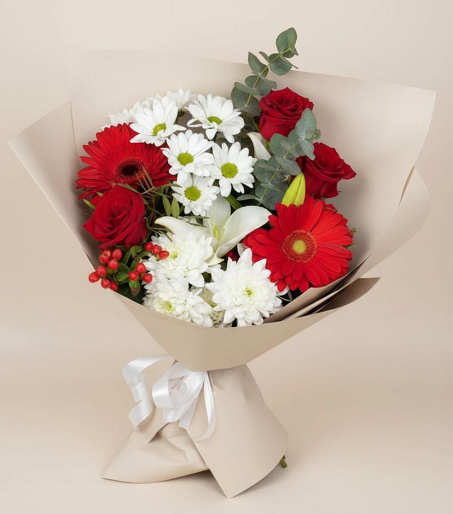 Букет цветов из: Розы, Хризантемы, Герберы и Лилии в Прикумском