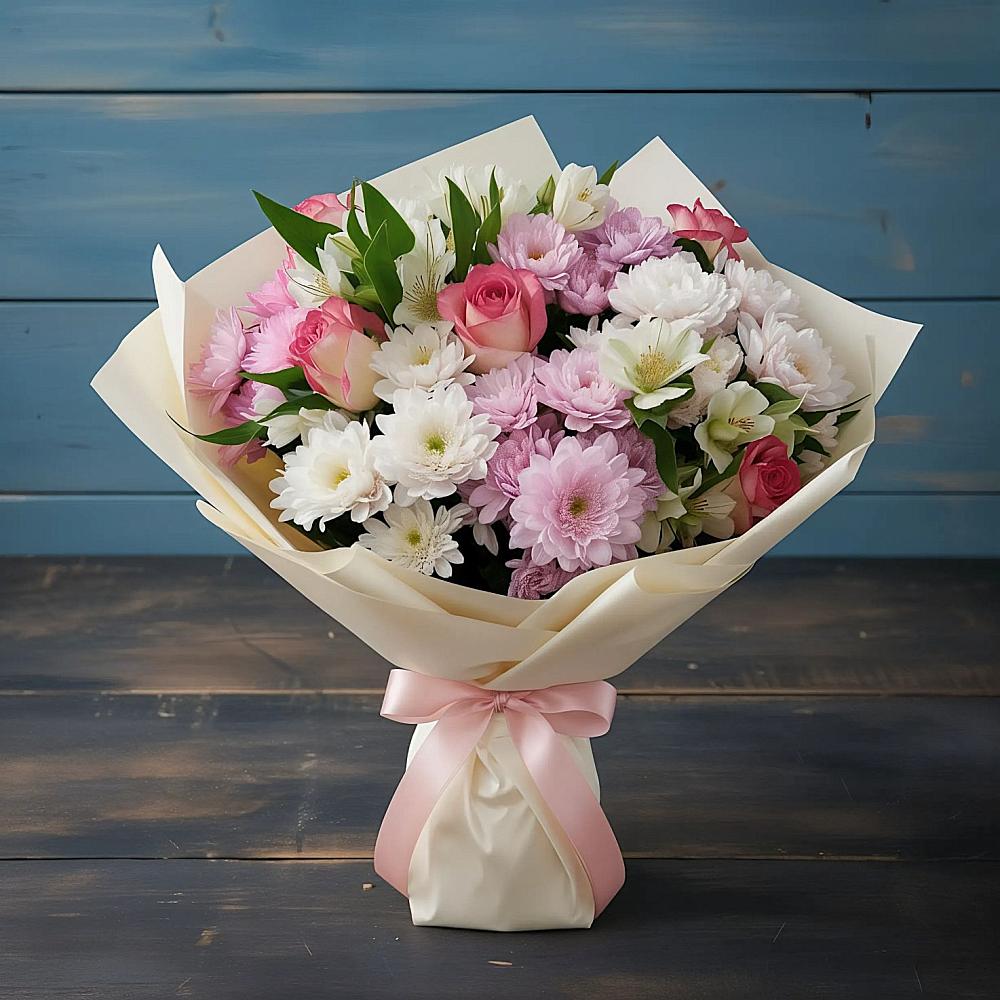 Букет цветов из: Хризантемы, Альстромерии и Розы в Прикумском